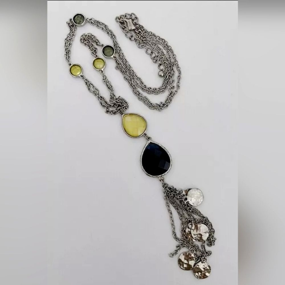 CHICO'S SILVERTONE NAVY YELLOW RESIN 28"- 31" NECKLACE NWOT